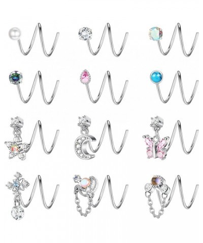 9-12Pcs Dangle Double Nose Ring Hoop for Single Piercing Stainless Steel Dangling Nose Hoop Spiral Snake Flower Moon Twist No...