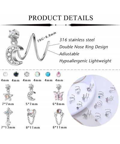 9-12Pcs Dangle Double Nose Ring Hoop for Single Piercing Stainless Steel Dangling Nose Hoop Spiral Snake Flower Moon Twist No...