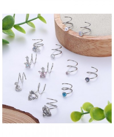 9-12Pcs Dangle Double Nose Ring Hoop for Single Piercing Stainless Steel Dangling Nose Hoop Spiral Snake Flower Moon Twist No...