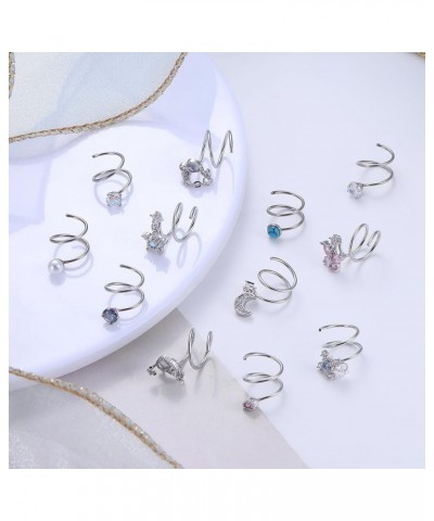 9-12Pcs Dangle Double Nose Ring Hoop for Single Piercing Stainless Steel Dangling Nose Hoop Spiral Snake Flower Moon Twist No...