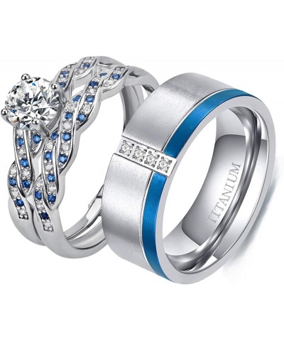 Couple Ring Bridal Set His Hers White Gold Plated CZ Stainless Steel Wedding Ring Band Set Blue women's size 9 & men's size 1...