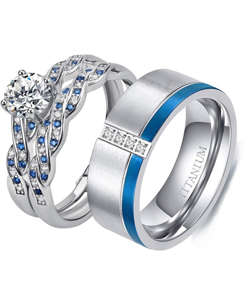 Couple Ring Bridal Set His Hers White Gold Plated CZ Stainless Steel Wedding Ring Band Set Blue women's size 9 & men's size 1...