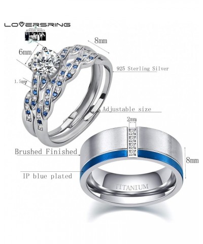 Couple Ring Bridal Set His Hers White Gold Plated CZ Stainless Steel Wedding Ring Band Set Blue women's size 9 & men's size 1...