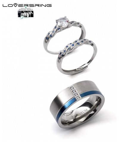 Couple Ring Bridal Set His Hers White Gold Plated CZ Stainless Steel Wedding Ring Band Set Blue women's size 9 & men's size 1...