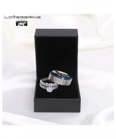 Couple Ring Bridal Set His Hers White Gold Plated CZ Stainless Steel Wedding Ring Band Set Blue women's size 9 & men's size 1...