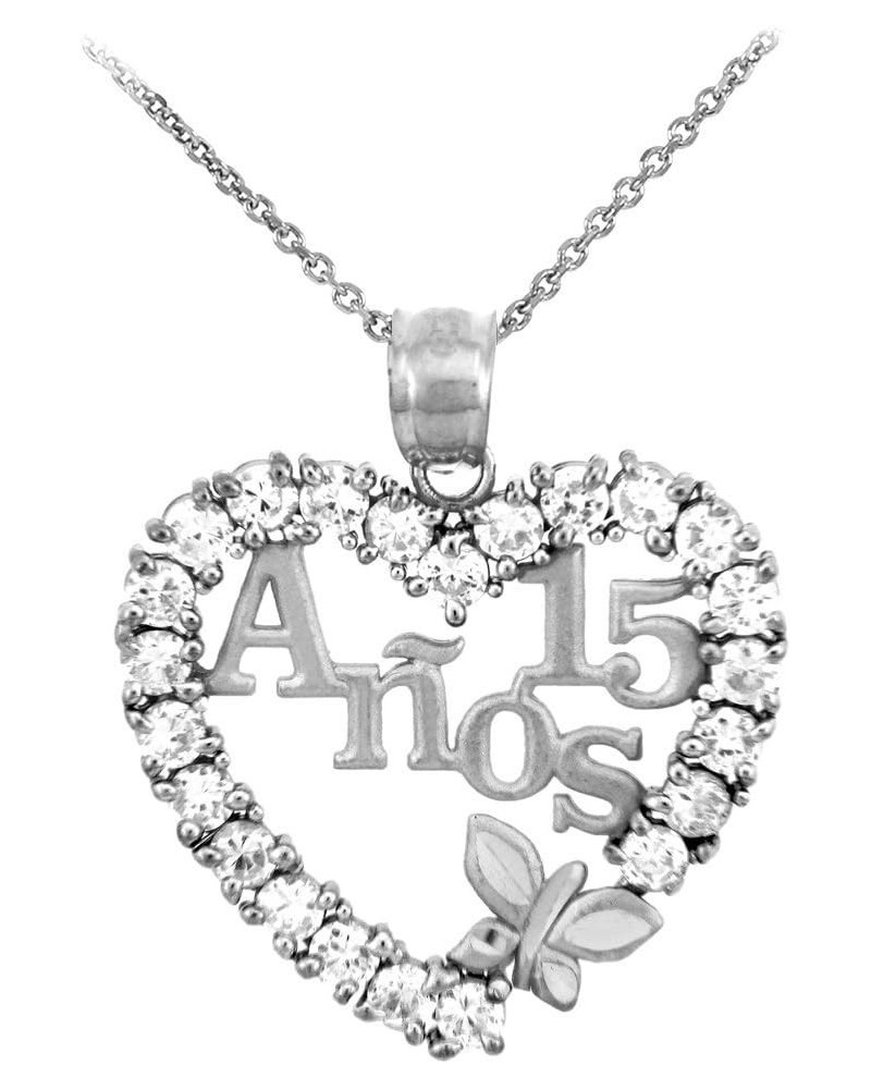 Sterling Silver Sweet 15 Anos Quinceanera Necklace with Cubic Zirconia Heart with Butterfly 16.0 Inches $17.22 Necklaces