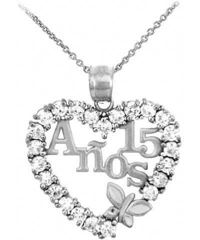 Sterling Silver Sweet 15 Anos Quinceanera Necklace with Cubic Zirconia Heart with Butterfly 16.0 Inches $17.22 Necklaces