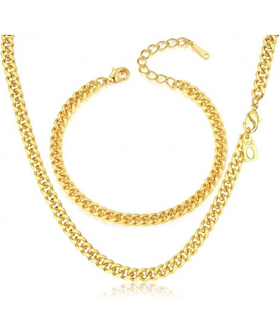 316L Stainless Steel/18K Gold Plated Miami Cuban Chain Figaro Chain Men Necklace Bracelet Jewelry Set, Gold Chain Men Women S...