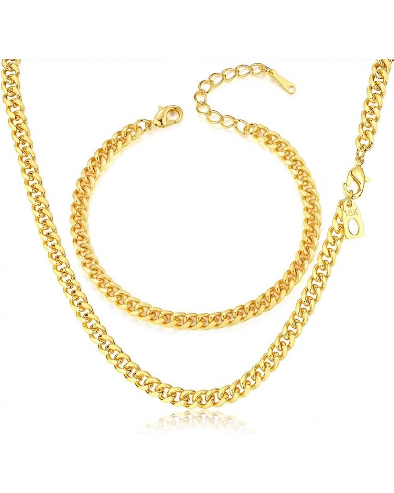 316L Stainless Steel/18K Gold Plated Miami Cuban Chain Figaro Chain Men Necklace Bracelet Jewelry Set, Gold Chain Men Women S...