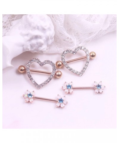 14G Flower Nipple Rings Opal Nipple Barbell 316L Stainless Steel Heart Nipple Ring Nipple Piercings Jewelry for Women Men Col...