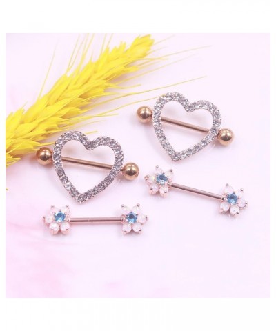 14G Flower Nipple Rings Opal Nipple Barbell 316L Stainless Steel Heart Nipple Ring Nipple Piercings Jewelry for Women Men Col...