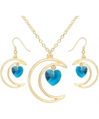 Irish Crescent Half Moon Heart Crystal Hook Dangle 14K Gold Plated Earrings Necklace Set 3 Tone Blue Earring + Necklace gold-...