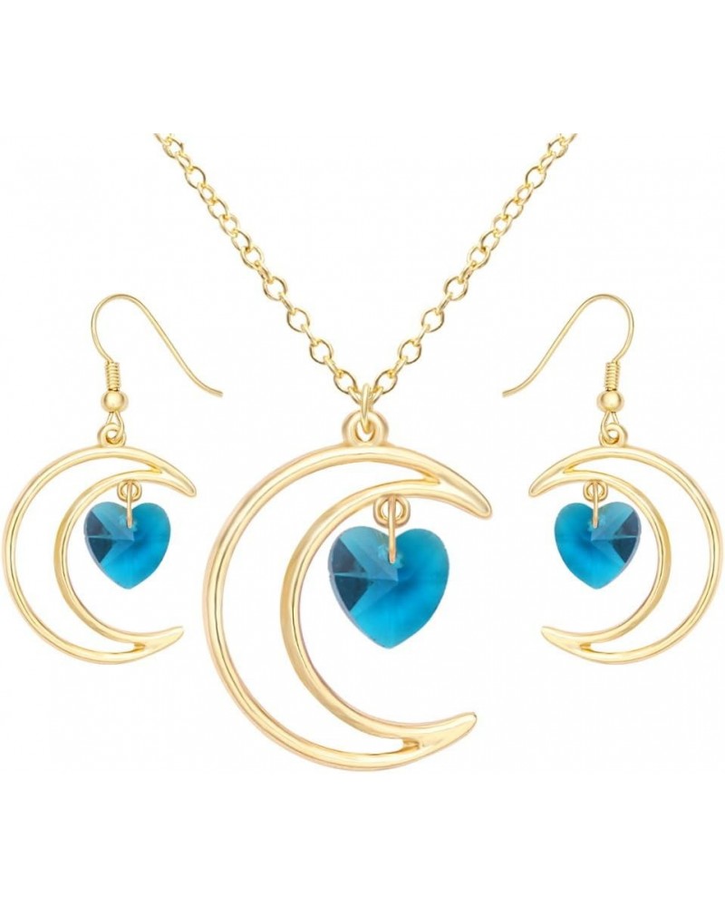 Irish Crescent Half Moon Heart Crystal Hook Dangle 14K Gold Plated Earrings Necklace Set 3 Tone Blue Earring + Necklace gold-...