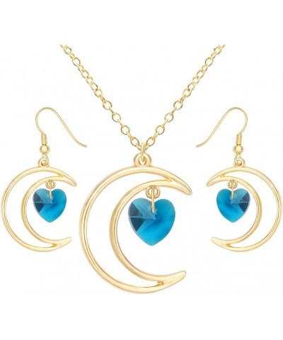 Irish Crescent Half Moon Heart Crystal Hook Dangle 14K Gold Plated Earrings Necklace Set 3 Tone Blue Earring + Necklace gold-...