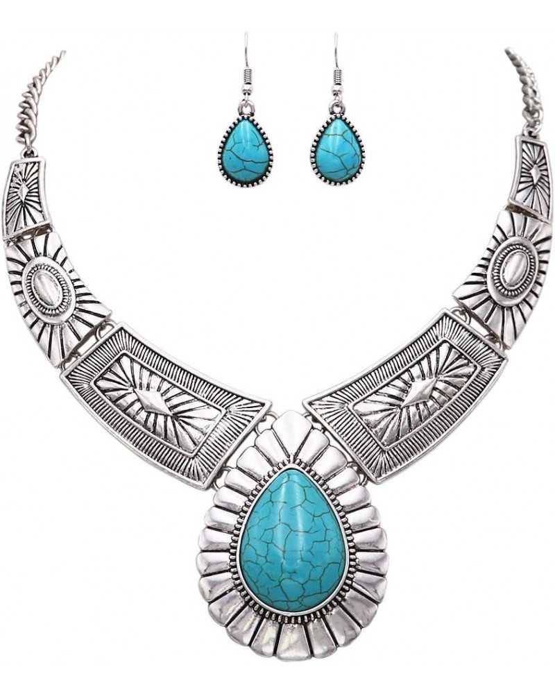 Women's Chic Western Teardrop Howlite Stone Statement Necklace Earrings Set, 16"+3" Extender Turquoise Blue $16.34 Jewelry Sets