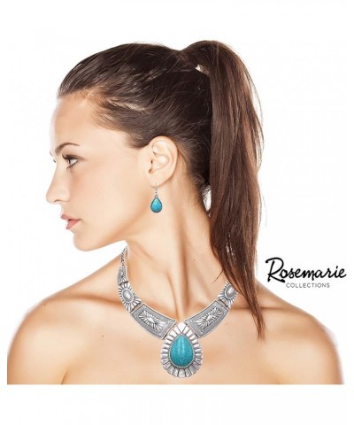 Women's Chic Western Teardrop Howlite Stone Statement Necklace Earrings Set, 16"+3" Extender Turquoise Blue $16.34 Jewelry Sets