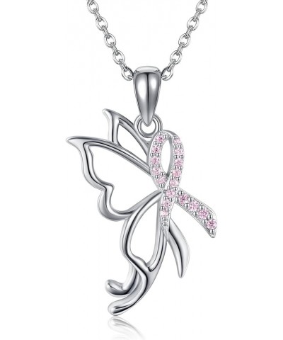 Breast Cancer Awareness Necklace Sterling Silver Pink Ribbon Heart Pendant Survivor Gift Jewelry Gifts for Women Survivor Gif...