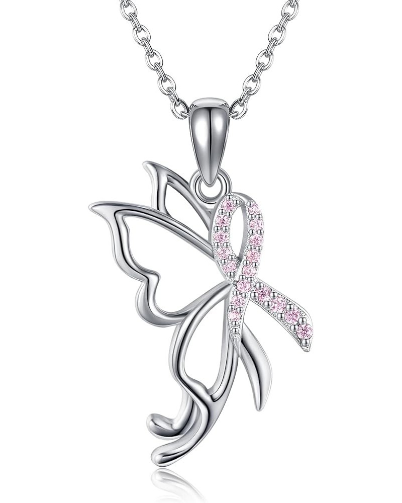 Breast Cancer Awareness Necklace Sterling Silver Pink Ribbon Heart Pendant Survivor Gift Jewelry Gifts for Women Survivor Gif...