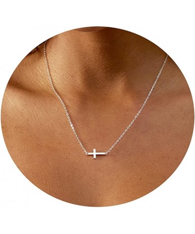 Cross Necklace for Women 14K Gold Plated Dainty Layered Cross Paperclip Chain Choker Necklace Set Horizontal Sideways Cross N...