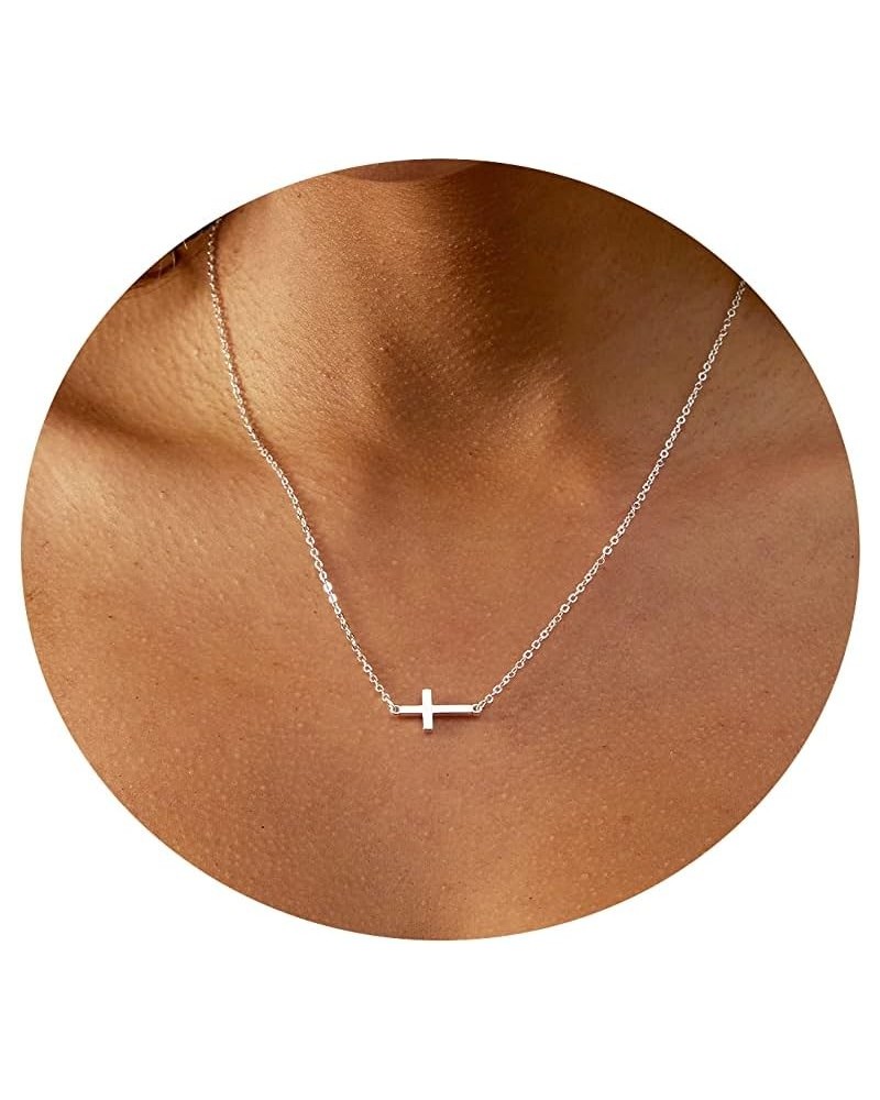 Cross Necklace for Women 14K Gold Plated Dainty Layered Cross Paperclip Chain Choker Necklace Set Horizontal Sideways Cross N...