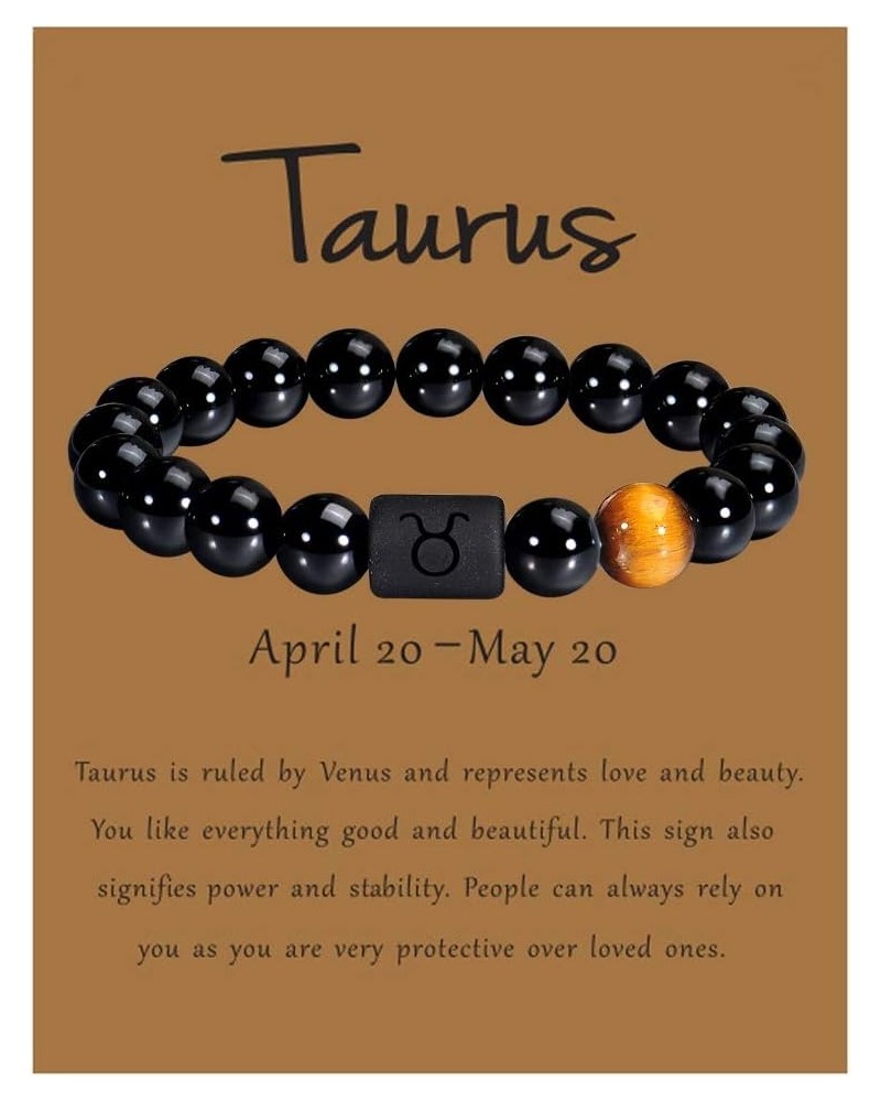 Zodiac Bracelet for Men Women, 8mm 10mm Natural Black Onyx Stone Star Sign Constellation Horoscope Bracelet Gifts taurus men ...