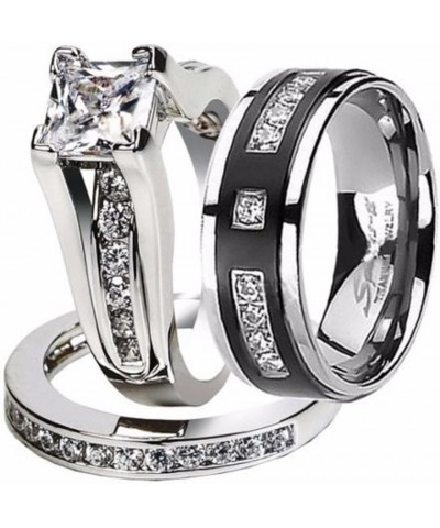 Hers and His Stainless Steel Princess Wedding Ring Set and Titanium Wedding Band Women's Size 05 Men's Size 06 $23.58 Sets