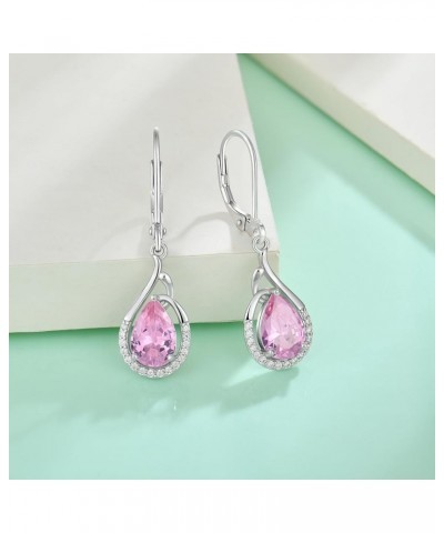 Teardrop Dangle Drop Earrings 925 Sterling Silver Pear Birthstones Leverback Earrings Gift for Women Pink $27.30 Earrings