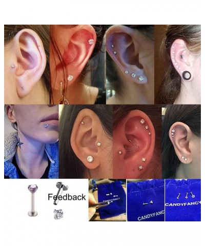 16g Flat Back Earrings 10mm Post 316L Surgical Steel Bar 2mm 3mm 4mm CZ Stud Earrings Set Ear Lobe Rook Helix Conch Piercing ...