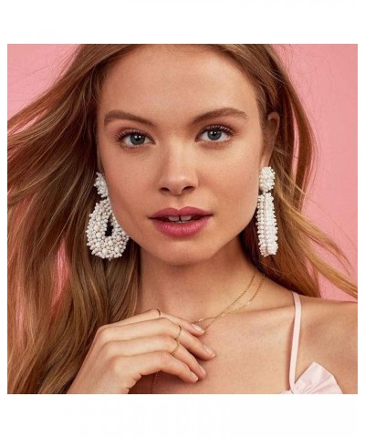 Women Bohemian Statement Beaded Drop Earrings Hoop Teardrop Dangle Earrings Gift for Girls White $7.82 Earrings