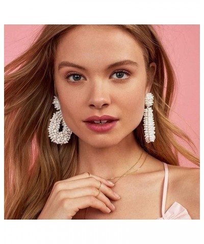 Women Bohemian Statement Beaded Drop Earrings Hoop Teardrop Dangle Earrings Gift for Girls White $7.82 Earrings