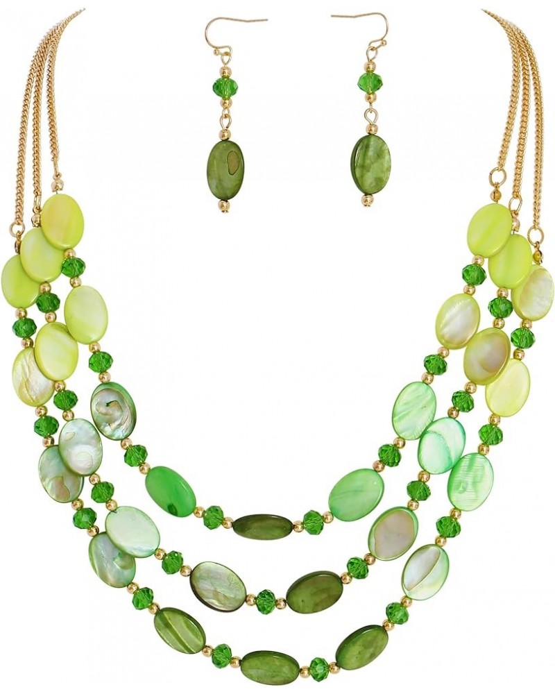 3 Layered Beaded Necklace Set with Earrings Oval Shell Beads Jewelry Gift for Women Mix Green $11.96 Jewelry Sets