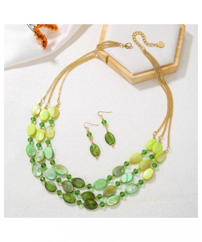 3 Layered Beaded Necklace Set with Earrings Oval Shell Beads Jewelry Gift for Women Mix Green $11.96 Jewelry Sets