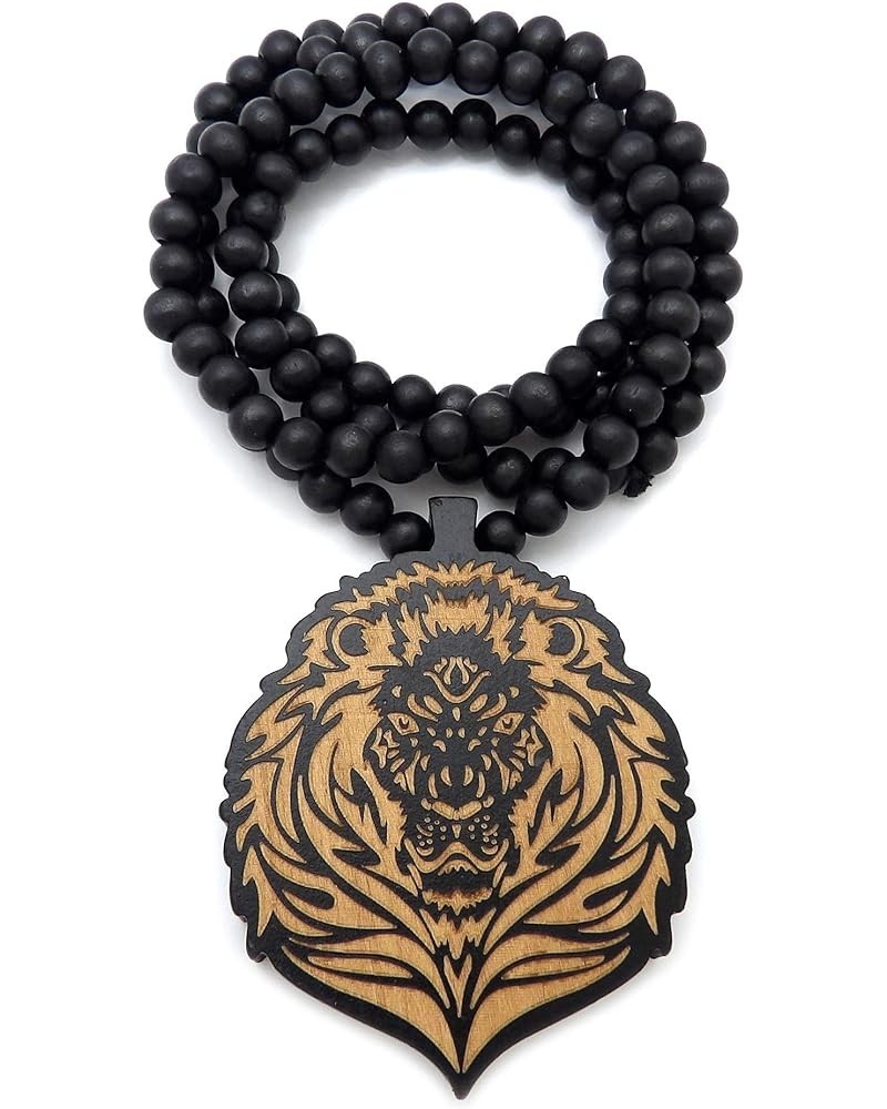 Wooden Carved Roaring Lion Front Face Pendant 8mm Wooden Bead Necklace 24"/30"/36 Black & Black 36.0 Inches $12.41 Necklaces