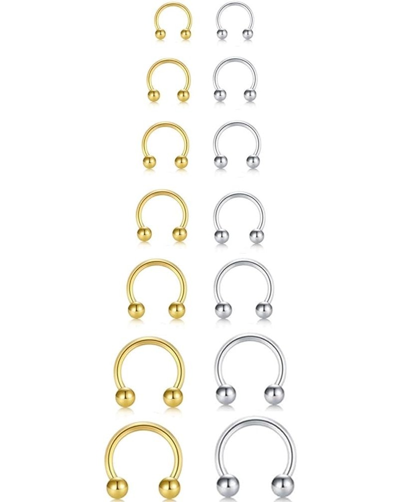 14Pcs 14/16/18/20Gauge 6/7/8/9/10/12/14mm Surgical Steel Horseshoe Septum Nose Ring Hoop Set, Externally Threaded Circular Cu...