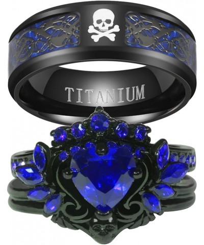 Couple Rings Matching Rings Black Wings Skull Ring 1.5ct Red CZ Womens Wedding Ring Sets Punk Ring Blue women size9 & men siz...