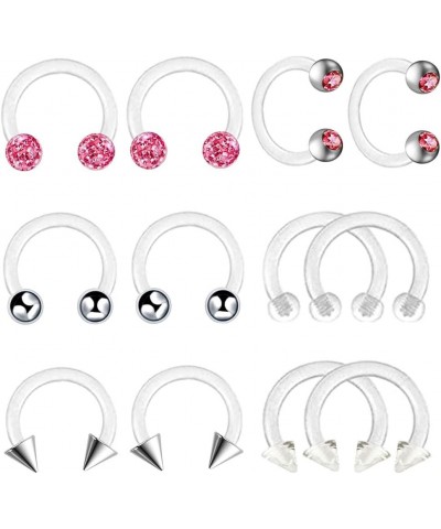 12pc 16g Acrylic Horseshoe Nose Septum Lip CZ Crystal Ball Hoop Bar Ring Ear Body Piercing Retainer Pink Suitable for Ring Di...