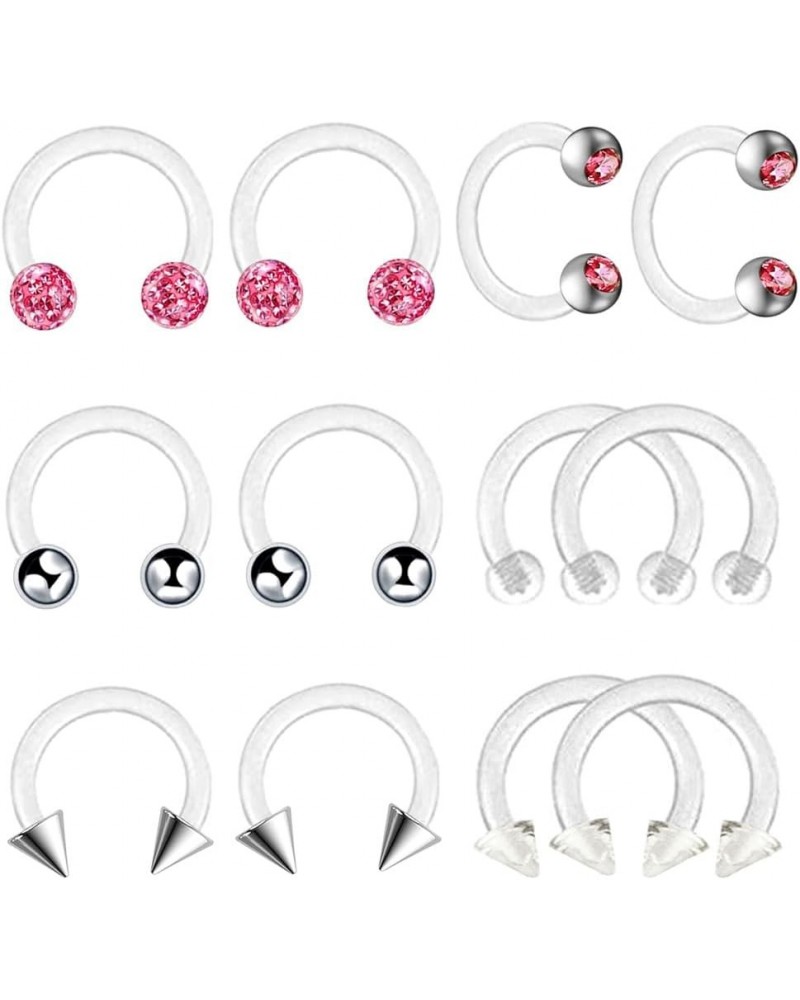 12pc 16g Acrylic Horseshoe Nose Septum Lip CZ Crystal Ball Hoop Bar Ring Ear Body Piercing Retainer Pink Suitable for Ring Di...