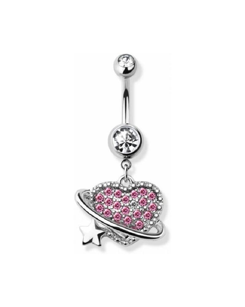 14GA 316L Stainless Steel Pink CZ Crystal Paved Orbiting Heart Dangling Belly Button Ring Silver Tone $9.85 Body Jewelry