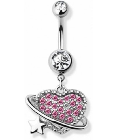 14GA 316L Stainless Steel Pink CZ Crystal Paved Orbiting Heart Dangling Belly Button Ring Silver Tone $9.85 Body Jewelry