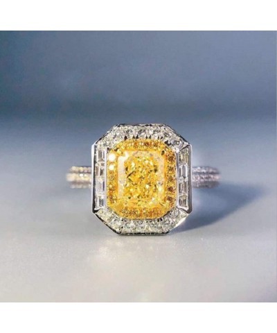 Women 925 Sterling Silver Princess Cut Citrine Ring Cushion Cut Cubic Zirconia CZ Statement Halo Engagement Ring Wedding Jewe...