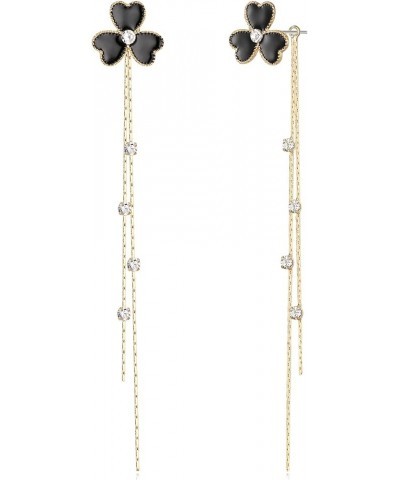 Elegant Enamel Shamrock Earrings Long Tassel Crystal Drop St Patricks Day Dangling Earrings Black Gold-Tone $8.28 Earrings