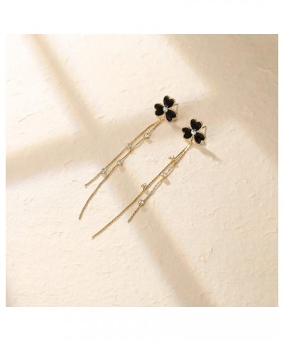 Elegant Enamel Shamrock Earrings Long Tassel Crystal Drop St Patricks Day Dangling Earrings Black Gold-Tone $8.28 Earrings