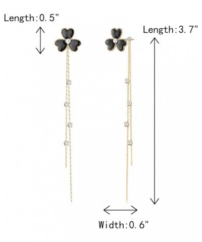 Elegant Enamel Shamrock Earrings Long Tassel Crystal Drop St Patricks Day Dangling Earrings Black Gold-Tone $8.28 Earrings