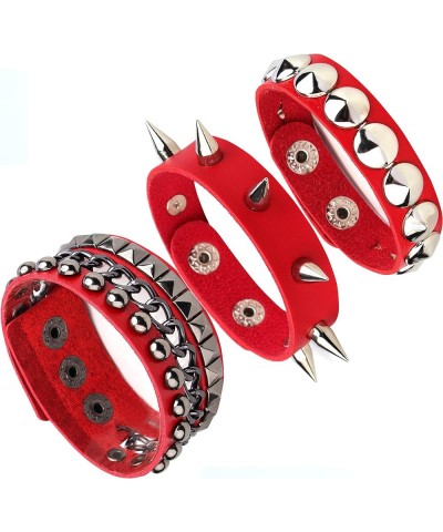 3 Pcs Men Studded Cuff Bracelet Rivets Bracelet Leather Rivets Bracelet Red $9.89 Bracelets