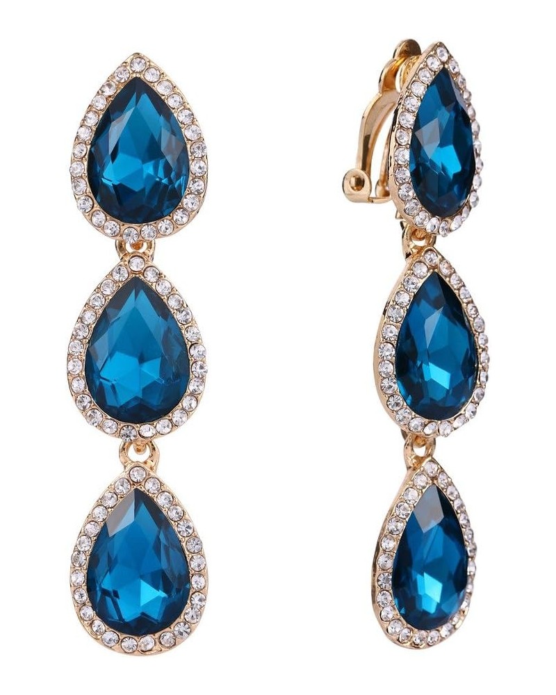 Women's Austrian Crystal Teardrop Pear Shape 2.4 Inch Long Clip-on Dangle Earrings 10-Gold-tone Turquoise Color $11.96 Earrings