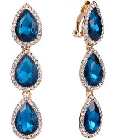 Women's Austrian Crystal Teardrop Pear Shape 2.4 Inch Long Clip-on Dangle Earrings 10-Gold-tone Turquoise Color $11.96 Earrings