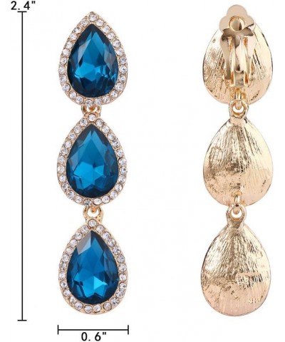 Women's Austrian Crystal Teardrop Pear Shape 2.4 Inch Long Clip-on Dangle Earrings 10-Gold-tone Turquoise Color $11.96 Earrings