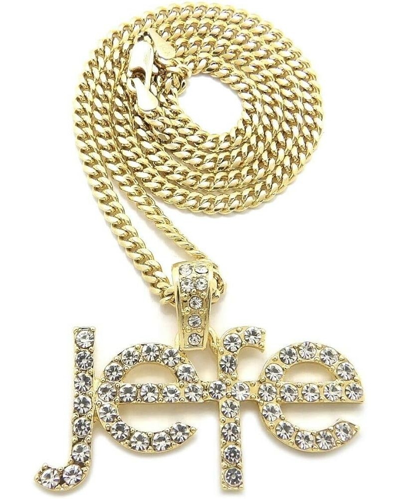 Iced Gold Silver Plated Boss Jefe Pendant & 18" 20" 24" Cuban/Rope/Box Chain Hip Hop Jewelry Necklace (GOLD) 18" CUBAN CHAIN ...