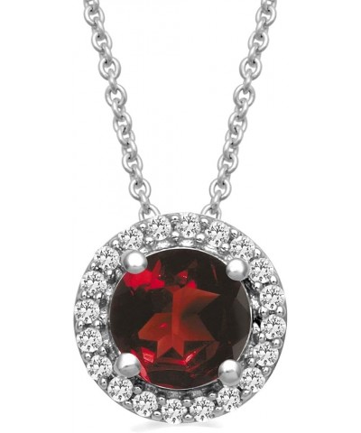 Sterling Silver Checkerboard Round Gemstone and Created White Sapphire Pendant Necklace, 18" Rolo Chain Garnet $42.00 Necklaces