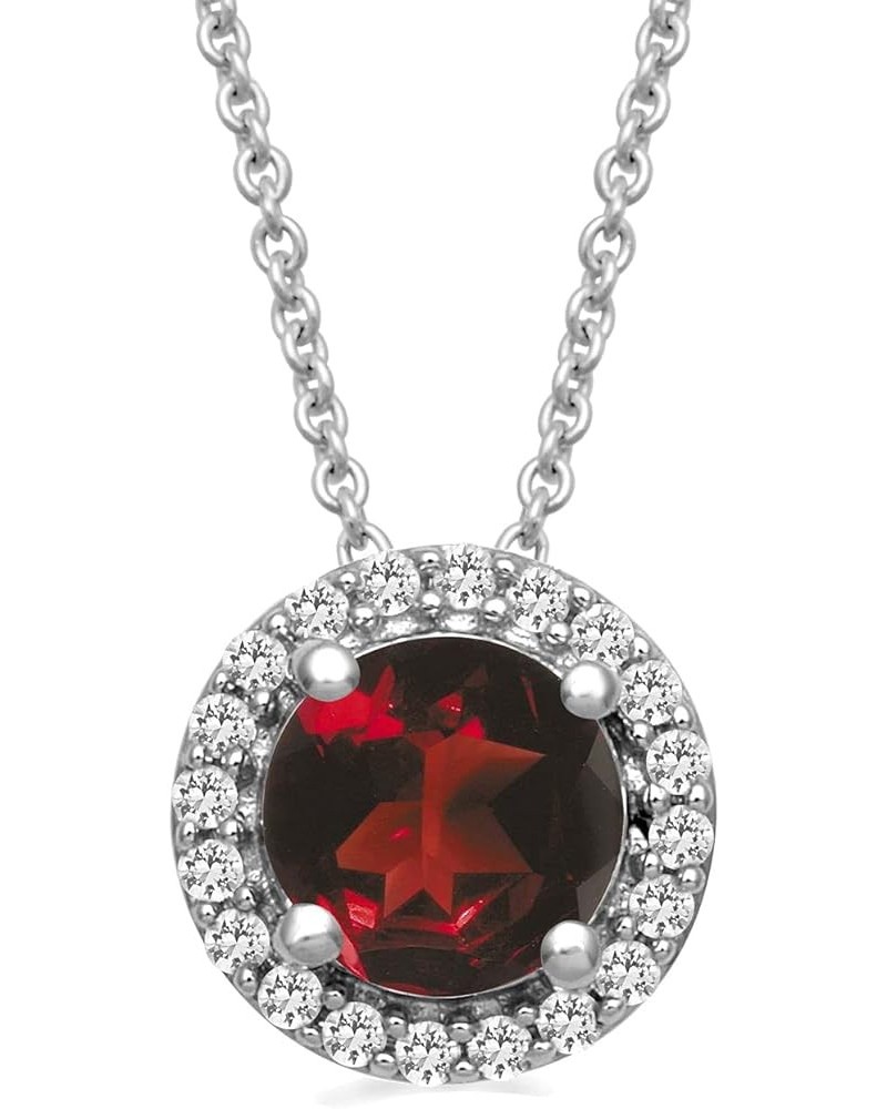 Sterling Silver Checkerboard Round Gemstone and Created White Sapphire Pendant Necklace, 18" Rolo Chain Garnet $42.00 Necklaces